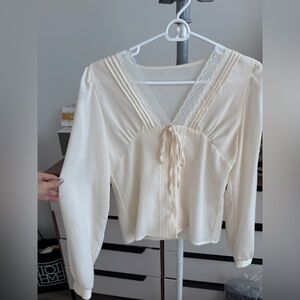 Ivory Lace-Trim Tie front blouse